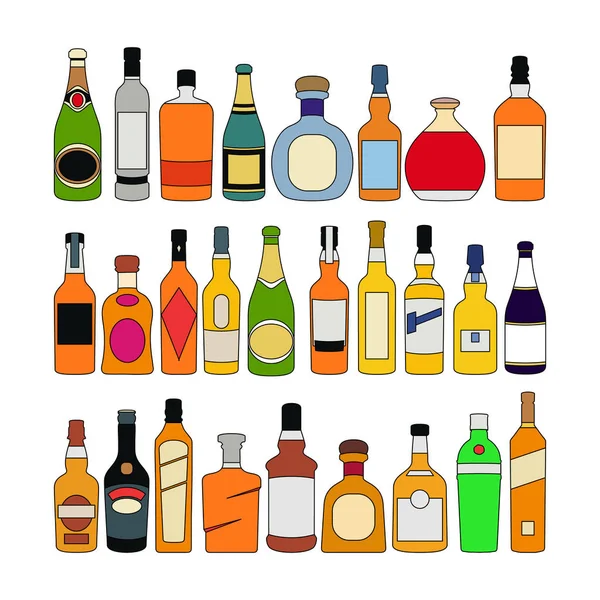 Ensemble de bouteilles d'alcool verre. couleur isolée sur fond blanc croquis illustration vecteur — Image vectorielle