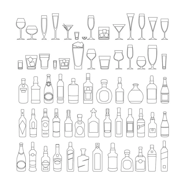 Flaschen und Gläser reihen sich an schwarze Icon-Set-Vektorillustration. Feiertagsfeier. Alkoholgetränke auf weißem Hintergrund. — Stockvektor