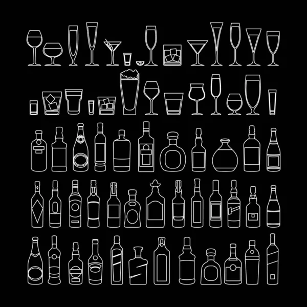 Flaschen und Gläser säumen die weiße Icon Set Vektorillustration. Feiertagsfeier. Alkoholgetränke auf schwarzem Hintergrund. Kunst — Stockvektor