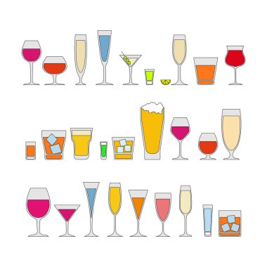 Kokteyller, içecekler bardakvektör simgeleri alkollü içecekler ayarlayın. beyaz arka plan vektör illüstrasyon izole. Tatil kutlaması.