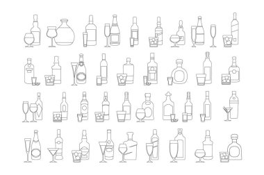 şişe ler ve camlar çizgi siyah simge seti vektör illüstrasyon. Tatil kutlaması. Beyaz arka planda alkollü içecekler.