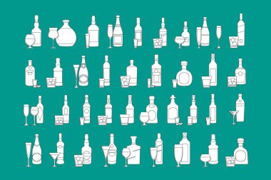 şişe ler ve camlar çizgi siyah simge seti vektör illüstrasyon. Tatil kutlaması. Mavi arka planda alkollü içecekler.