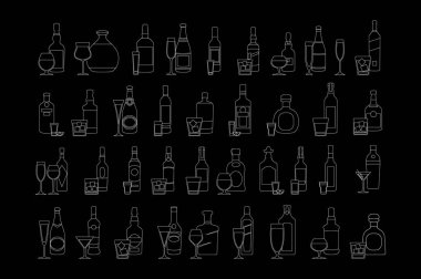 Barlar, barlar ve restoranlar için şişe ve gözlük illüstrasyon. Partiler, el ilanları, broşürler, tişörtler için yaratıcı dekorasyon. Tebeşir tahtası tarzı. Vektör