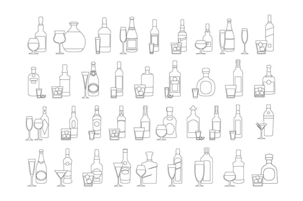 Flaschen und Gläser reihen sich an schwarze Icon-Set-Vektorillustration. Feiertagsfeier. Alkoholgetränke auf weißem Hintergrund. — Stockvektor