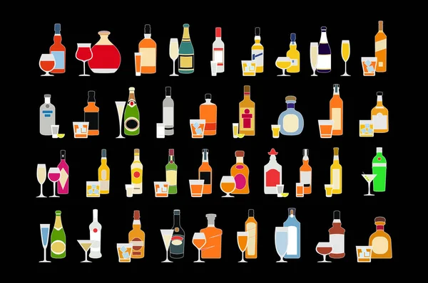 Zestaw napojów alkoholowych w okularach odizolowanych na czarnym tle wektorowym ilustracji. Święto. — Wektor stockowy