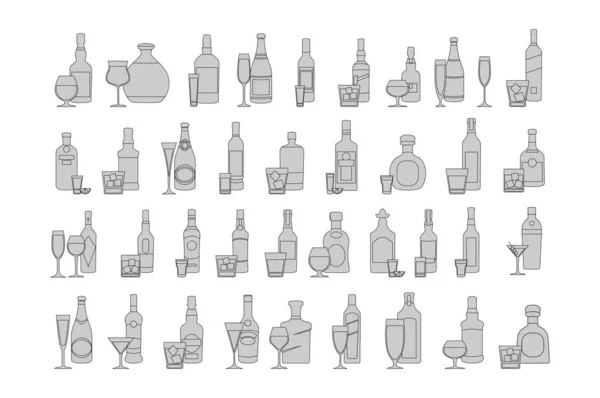 Flaschen und Gläser reihen sich an schwarze Icon-Set-Vektorillustration. Feiertagsfeier. Alkoholgetränke auf weißem Hintergrund. — Stockvektor