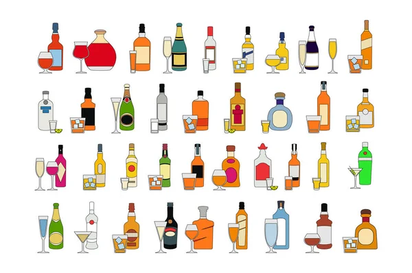 Ensemble de différentes bouteilles de boissons alcoolisées avec verres. isolé sur fond blanc illustration vectorielle. Célébration . — Image vectorielle