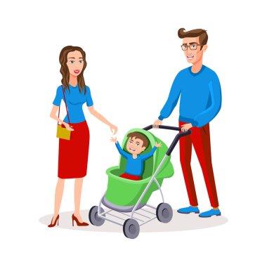 bir bebek arabası renkli vektör modern düz tasarım illüstrasyon, çizgi film karakterleri kompozisyonu ile aile. Mutlu ebeveynler