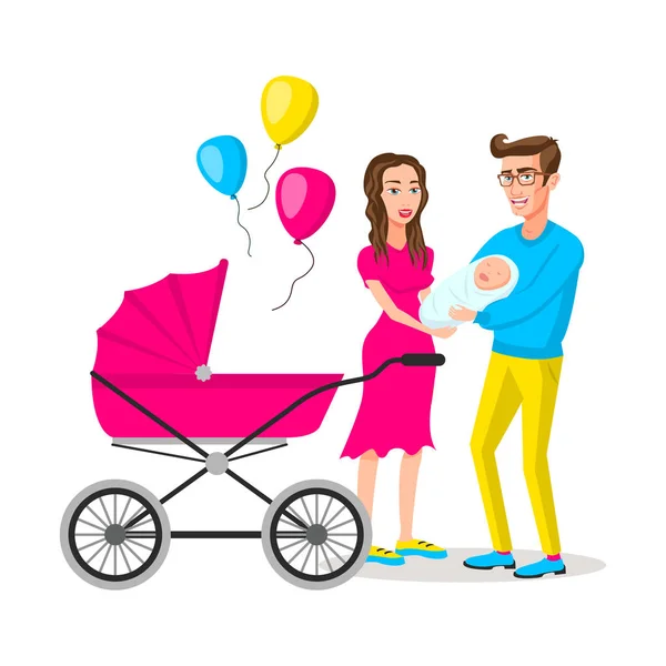 Bebek arabası olan baba anne. Yeni doğmuş bir bebek, karikatür vektör illüstrasyon ile mutlu bir evli çift — Stok Vektör