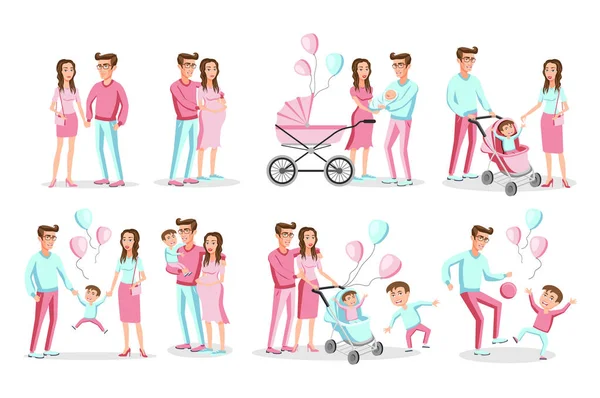 Pink blue Set of characters the family. Creation, birth of children, care and upbringing. Mother, father, daughter and son. Vector illustration in a flat style — Stock Vector