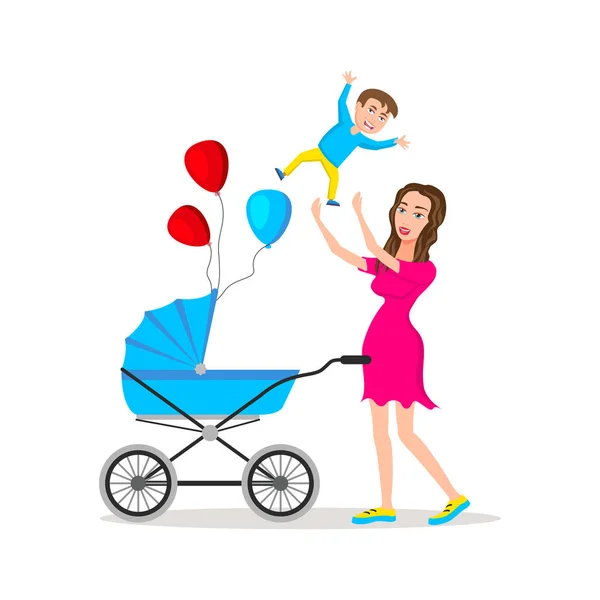 Mom carrying young boy. Smiling mother holding son. Joyful woman playing with his little kid. Happy family. Cute cartoon characters isolated on white background. Colorful vector illustration — Stock Vector