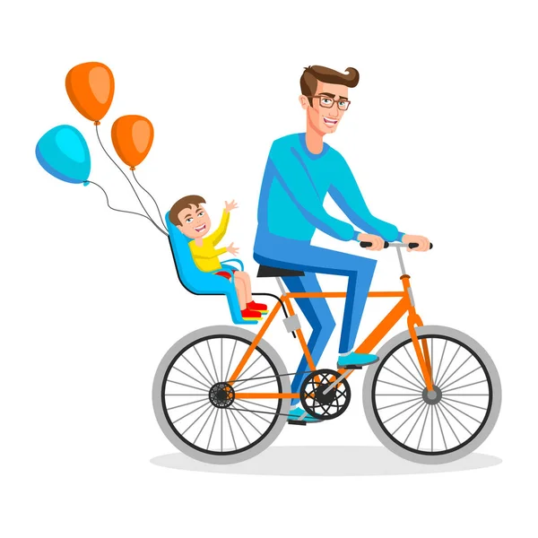 Ember kerékpározás az ő fiával. Kid ül kerékpár biztonságos ülőhely hátul Vector illusztráció egy sima design — Stock Vector