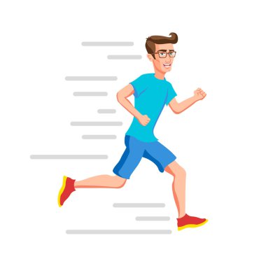 Koşan adam. Spor. Çalıştırmak. Aktif fitness. Egzersiz ve atlet. Çeşitli spor hareketleri. hipsters Düz karikatür tarzı. Yan görünüm. Basit tasarım. Düz tasarımın vektör çizimi