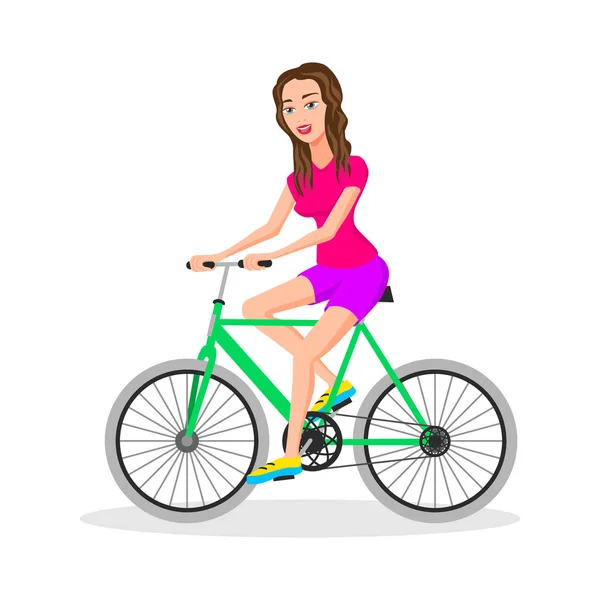 Diseño fresco del carácter del vector en la mujer joven adulta que monta bicicletas. Elegantes hipsters femeninos en bicicleta, vista lateral, aislados. Ilustración vectorial de diseño plano — Vector de stock