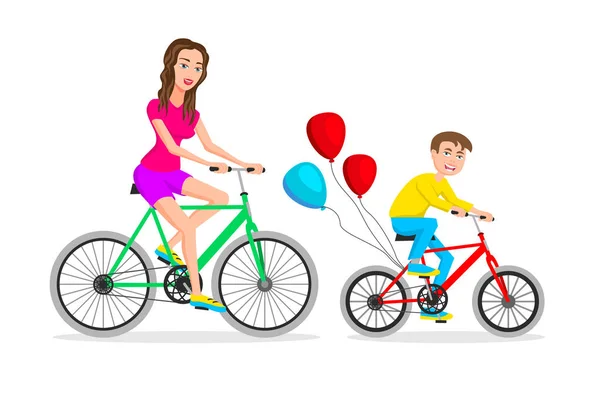 Férias em família. mãe e filho estão andando de bicicleta. Ilustração vetorial . — Vetor de Stock