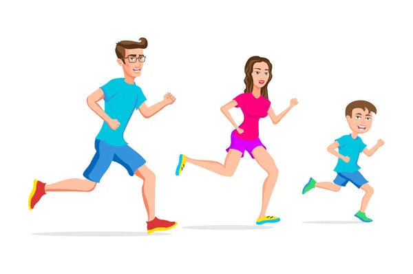family sport running or jogging father mother and son vector isolated character outdoor activities young active pastime nurturing spirit and willpower. Vector illustration of a flat design