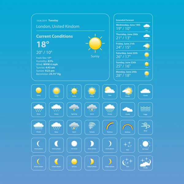 Set weather icons. All icons for weather with sample of use. vector, eps 10. — Stock Vector
