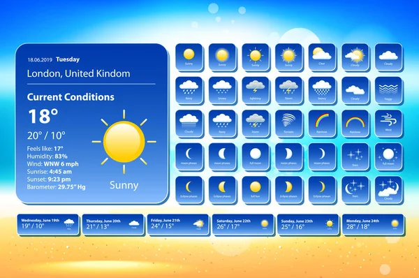 Hava durumu simgelerini ayarlayın. Kullanım örneği ile hava durumu için tüm simgeler. Yazdırma, Web veya Mobil Uygulama vektör eps 10 için — Stok Vektör