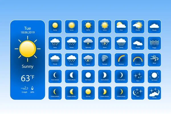 Hava durumu simgelerini ayarlayın. Kullanım örneği ile hava durumu için tüm simgeler. Yazdırma, Web veya Mobil Uygulama vektör eps 10 için — Stok Vektör
