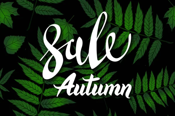 秋の販売バナーデザインは、手描きのレタリングで、塗装されたスケルトンの葉で構成されたフレームで、テキストベクトルイラストレーション、eps 10の場所と濃い緑色の背景テクスチャに — ストックベクタ