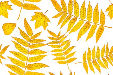 Kırmızı ve Turuncu Sonbahar Sarı Bırakır. Arka plan sonbahar desen levha sorunsuz. Kumaş için desen. Eğrelti otu izi. Trend sonbahar deseni. Bez gömlek desen. Vektör illüstrasyon, eps 10 sanat