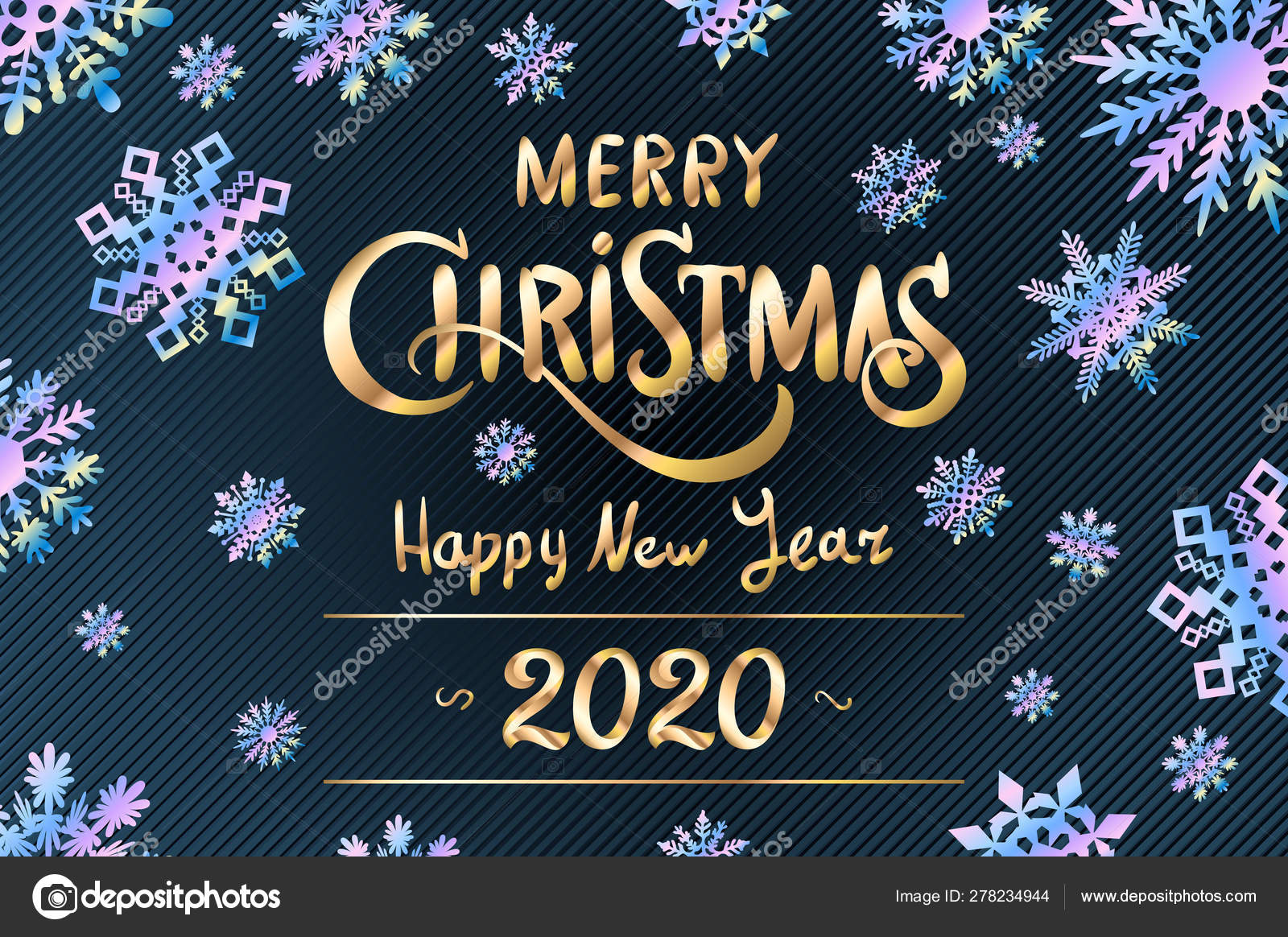 Merry Christmas and Happy New Year 2020 lettering template. Greeting card invitation with blue ...