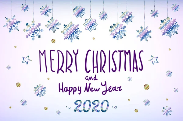 Feliz Navidad y Feliz Año Nuevo 2020 año copos de nieve azul brillante diseño de letras. Ilustración vectorial EPS10 — Vector de stock