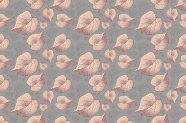 Gri arka plan, pastel renk, duvar kağıdı, kart veya kumaş için fayans üzerinde dikişsiz desen yaprakları