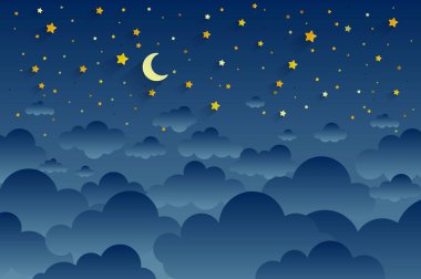 Ay, yıldızlar ve bulutlar gece yarısı gökyüzü arka planda. Gece gökyüzü sahne arka plan. Kağıt sanatı tarzı. Vektör Illustration. EPS 10