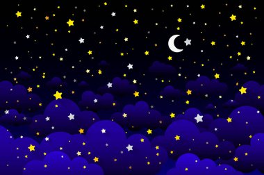 Ay, yıldızlar ve bulutlar gece yarısı gökyüzü arka planda. Gece gökyüzü sahne arka plan. Kağıt sanatı tarzı. Vektör Illustration. EPS 10