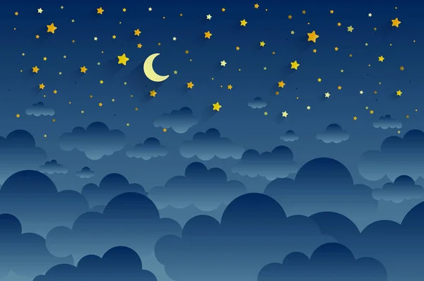 Luna creciente, estrellas y nubes en el fondo del cielo de medianoche. Cielo nocturno paisaje de fondo. Estilo de arte de papel. Ilustración vectorial. eps 10 — Vector de stock