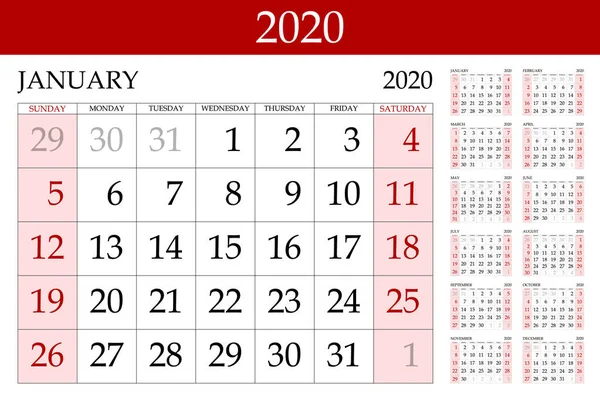 Rode kalender 2020 vector Basic grid. Eenvoudige ontwerpsjabloon. Vector illustratie EPS 10 — Stockvector