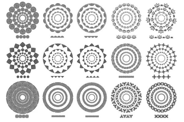 Conjunto de 15 brushs padrões em uma linha de círculo forma preta design gráfico vetorial — Vetor de Stock
