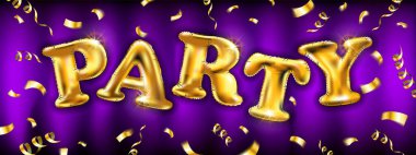 Altın parti, altın uçan balonlar ve konfetileri barındırıyor. Soyut broşür tasarımı. Çizim. sanat