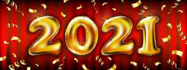 2020 Yılının Kırmızı Arka Planında Altın Kurdele Konfetiyle Mutlu Yıllar — Stok Vektör