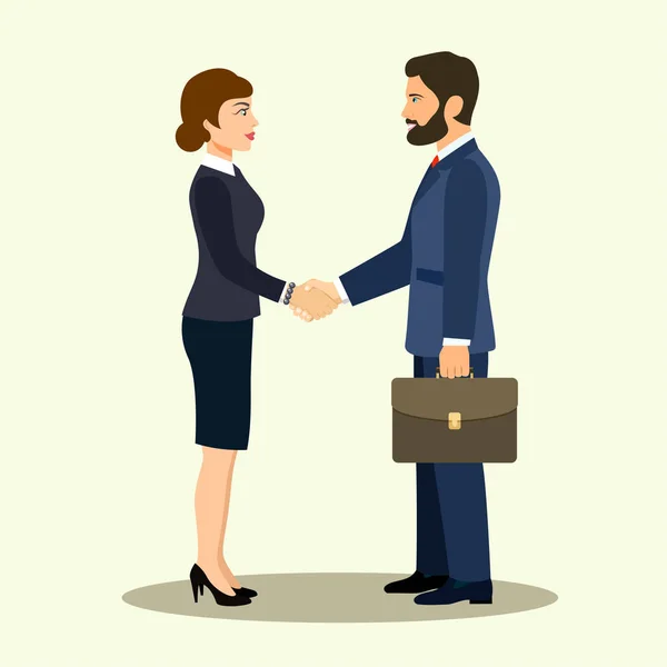 Handshake of business partners. Businessman and businesswoman shaking hands. Vector flat style illustration