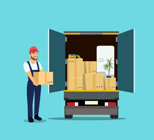 Things in box in the trunk of the truck. Man with cardboard boxes. Moving House. Vector flat style illustration