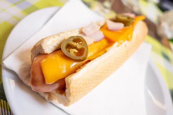 Λαχταριστό Σπιτικό Hot Dog Ένα Πιάτο Λουκάνικο Και Πιπεριά — Φωτογραφία Αρχείου