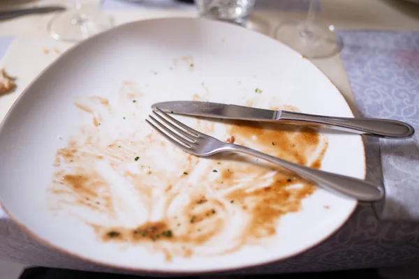 Placa Con Cubiertos Sobras Comida Después Del Almuerzo —  Fotos de Stock