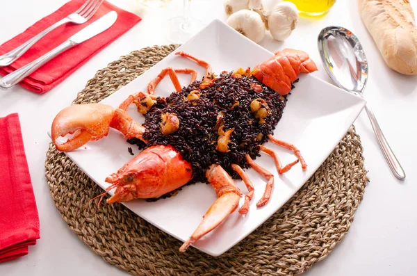 Lobster Dish Black Rice Served Table Elegant Restaurant — Stock Photo, Image