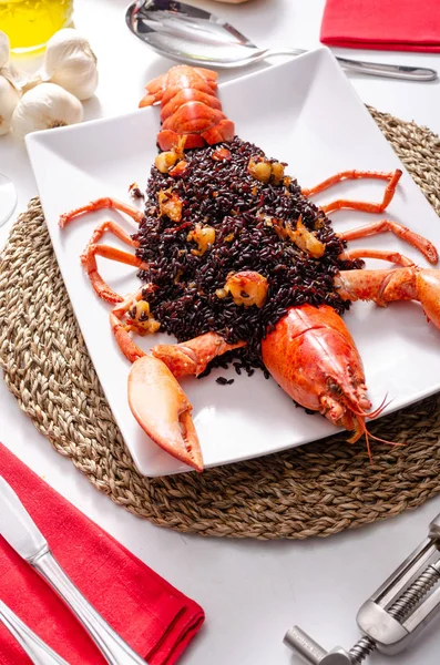 Lobster Dish Black Rice Served Table Elegant Restaurant — Stock Photo, Image