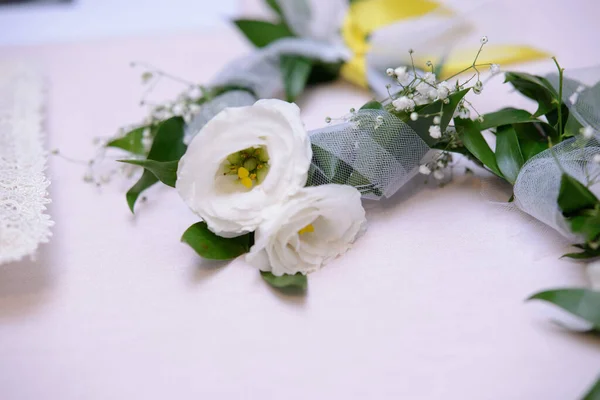 Bouquet Mariage Roses Blanches Fleurs Roses Sur Fond Bois — Photo