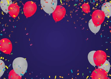 Mor balonlar, konfeti konsepti tasarımı Parti, Kutlama Vektörü illüstrasyonu.