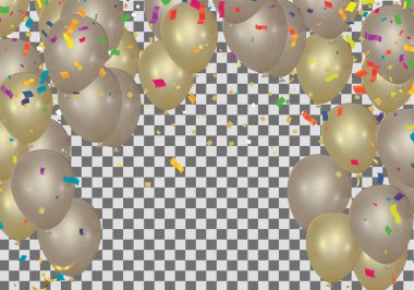 Soyut çelenkler, konfeti illüstrasyonu. Tatil kutlamaları, izole edilmiş altın kurdeleler ve balonlar.