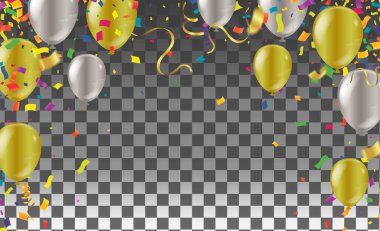 Soyut çelenkler, konfeti illüstrasyonu. Tatil kutlamaları, izole edilmiş altın kurdeleler ve balonlar.