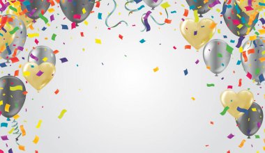 Altın balonlar, konfeti, beyaz arka planda bayrak ve parti patlatıcısı. Vektör illüstrasyonu