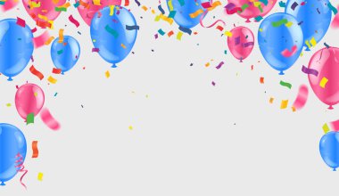 Arka planda izole edilmiş gerçekçi renkli helyum balonları sınırı. Doğum günü için parti dekorasyonu çerçevesi, yıldönümü