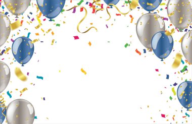 Arka planda izole edilmiş gerçekçi renkli helyum balonları sınırı. Doğum günü için parti dekorasyonu çerçevesi, yıldönümü