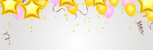 Abstracte Slingers Confetti Illustratie Vakantie Viering Realistische Gouden Linten Ballonnen — Stockvector