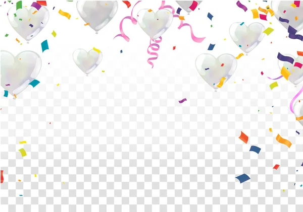 Couvrir Ballons Colorés Guirlandes Confettis Sur Blanc Modèle Fond Célébration — Image vectorielle